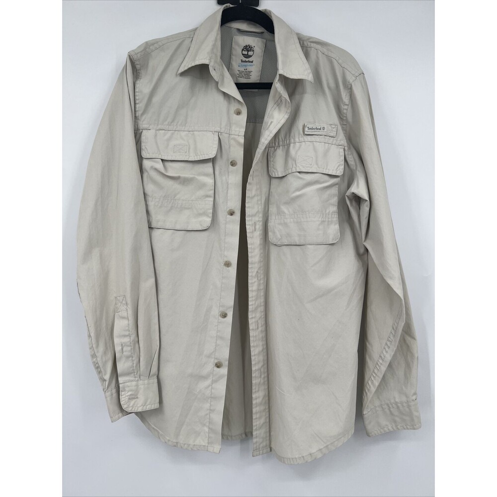 Timberland Mens Button Up Shirt Small Beige Long Sleeve Turbo-Dry Outdoor Vented